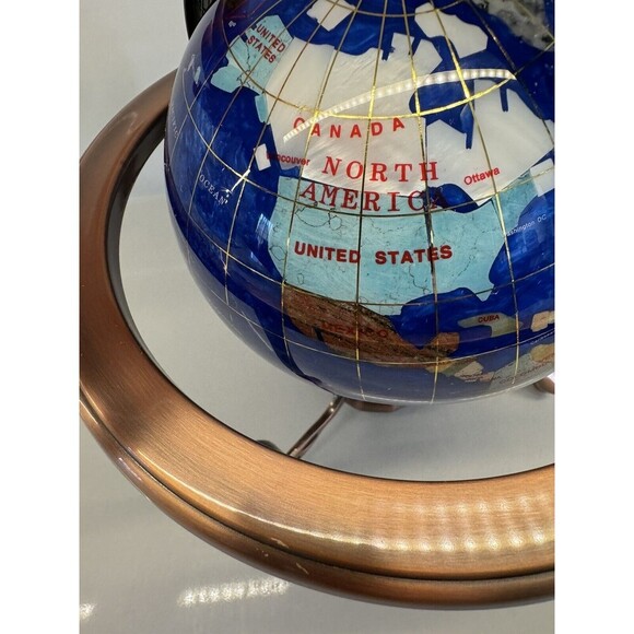 VINTAGE LAPIS LAZULI WORLD GLOBE DESK TABLE TOP GEMSTONES COPPER STAND COMPASS - Picture 7 of 16